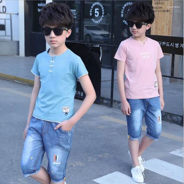 Conjuntos de roupas 5-14 anos meninos roupas esporte terno conjunto 2024 verão moda casual manga curta adolescentes crianças camiseta jeans