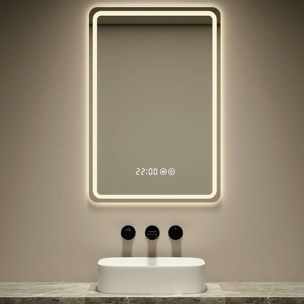 Espelho de banheiro LED ajustável de 3 cores e 3 luzes, montado na parede, iluminação antiembaçante, espelho de vestir inteligente, com exibição de tempo e temperatura (50,8 cm x 71,1 cm)