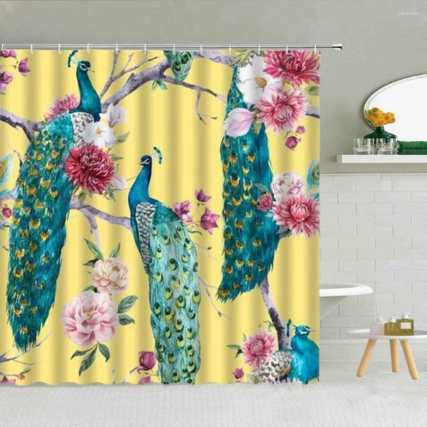 Tende da doccia in stile cinese fiore uccello pavoni peonia paesaggio tenda da bagno impermeabile tessuto stampato 3d con ganci decor