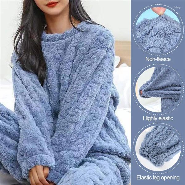 Casa roupas de inverno feminino impressão quente flanela pijamas conjunto grosso coral veludo manga longa pijama camisola feminina homewear