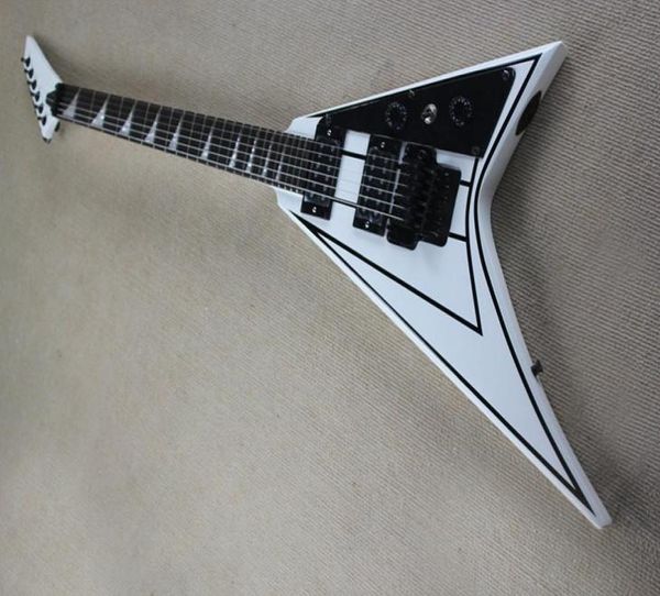 Fabrikspezifische weiße E-Gitarre in V-Form mit schwarzen Streifen, schwarze Hardware, Floyd Rose Bridge, kann individuell angepasst werden1948396