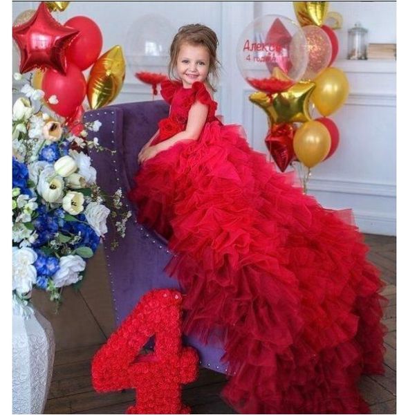 Novo design lindo vermelho flor meninas vestidos para casamentos sem costas jóia pescoço em camadas babados varredura trem aniversário menina comunhão pageant vestidos