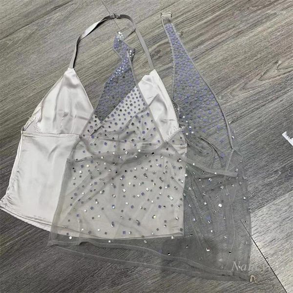 Canotte da donna Primavera Estate Carro armato sexy Donna Traslucido Diamante Strass Maglia Halter Abbigliamento esterno Interno Ragazza Canotta Y2K Top