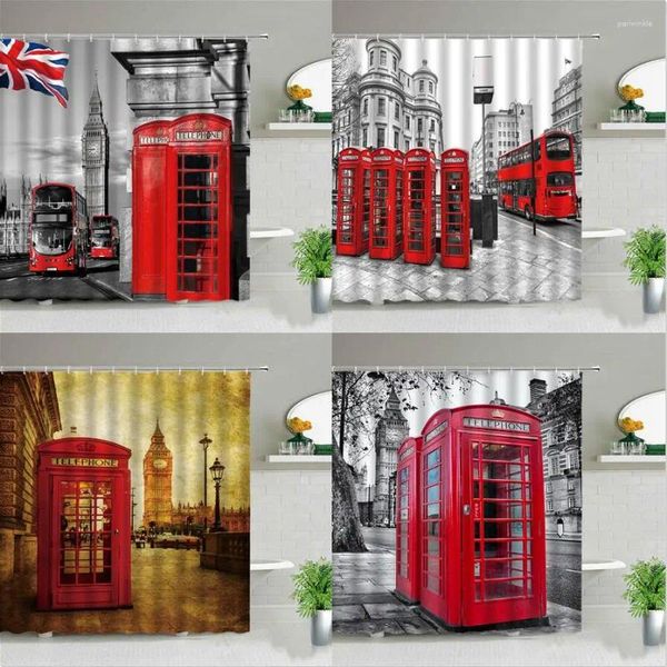 Duschvorhänge London Big Ben Vorhang im europäischen Stil, rote Straßenbahn, Telefonhalle, Landschaft, altes Papier, Badewannenabtrennung, Badezimmerbox