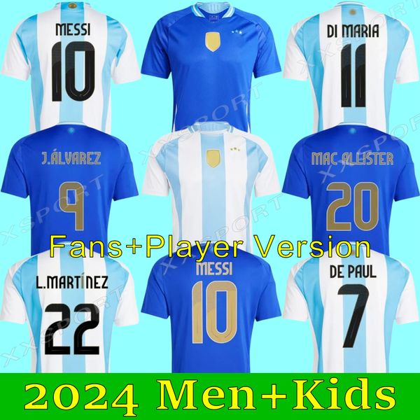 Argentinas 3 -Sterne -Fußballtrikots Finale 2023 2024 Enzo Aarez di Maria Messis Unterzeichnete Fußballhemd Maradona Martinez 24 25 de Paul Dybala Männer Kids Kit