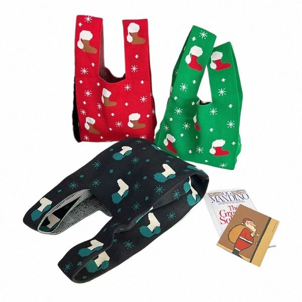 Bolsa de malha de alta capacidade Fi Knit Christmas Stocking Tote Bag Knot Wrist Bag Student m5Ca #