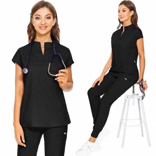 Uniformes pretos atacado sala de cirurgia desgaste enfermeira uniforme hospital trabalho esfrega conjunto suprimentos médicos dental cirurgia terno workwear 72ZD #