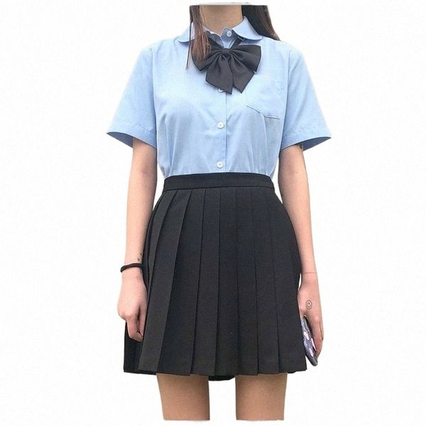 jk uniformes estudantes do sexo feminino roupas de trabalho de verão gola afiada em torno do pescoço roupas de trabalho BLUE camisa AZUL lg CAMISA de manga curta W6Vl #