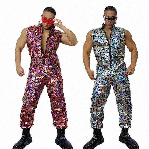 Masculino espelho laser macacão adulto traje de dança de rua boate bar hip hop dançarino roupas homem muscular roupa de dança vdb7991 m891 #