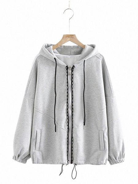 Plus Size Roupas Femininas Hoodie Primavera e Outono Com Capuz Lg Manga Jaqueta Casual Cor Sólida Zipper Cardigan Para Senhoras Gordas E3dV #