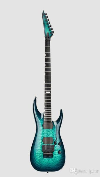 Custom EII Horizon FR7 chitarra elettrica burst nero turchese Top in acero trapuntato blu Body tremolo in un pezzo China Made Signature 4126128