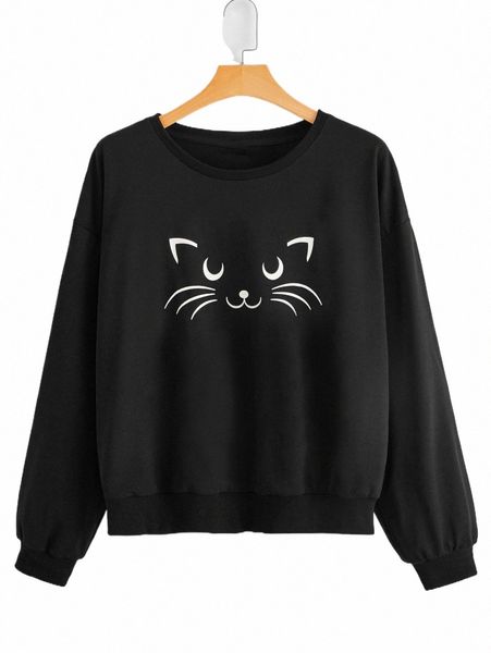 Finjani Plus Size Mulheres Hoodie Cat Print Thermal Forrado O-Neck Moletom Roupas Casuais Para O Outono Novo K36x #