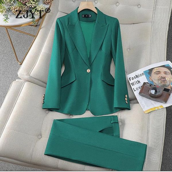 Calças femininas de duas peças ZJYT Business Chic Office um botão verde blazer terno mulheres 2024 primavera plus size jaqueta calça define 2 outfit