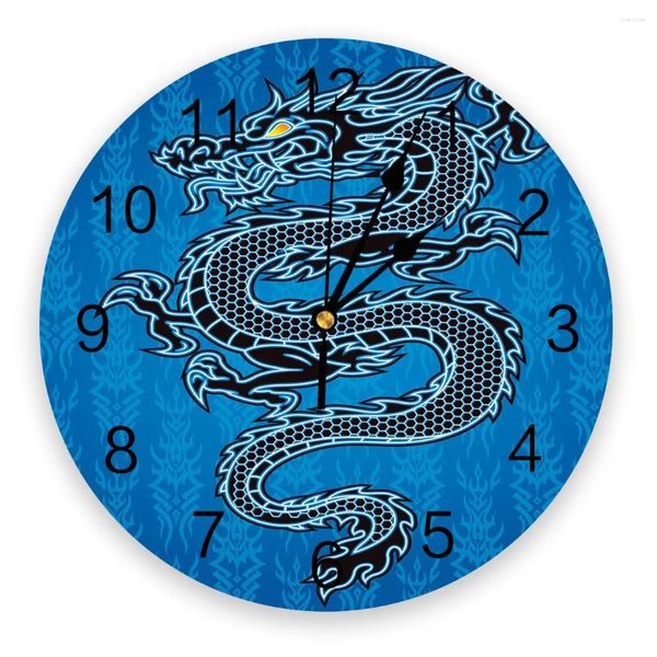 Relógios de parede estilo chinês preto dragão azul relógio decorativo para sala de estar cozinha quarto escritório em casa silencioso