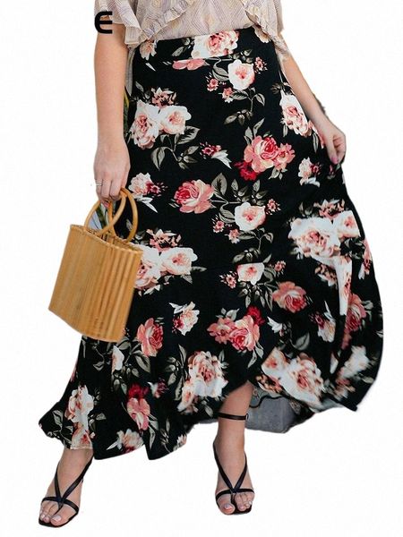 Gibsie Plus Size Boho Floral Imprimir Ruffle Hem Saias Mulheres Primavera Verão Estilo Praia Férias Casual Feminino Cintura Alta Lg Saia R6Fv #