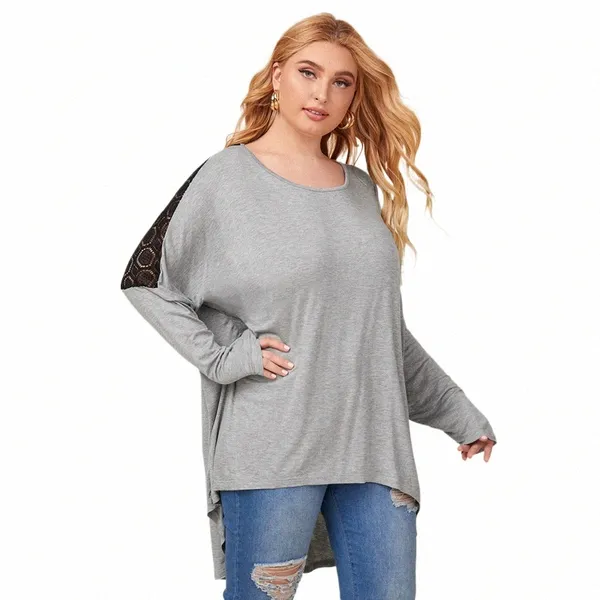 Plus Size Lg Casual Túnicas Mulheres 5XL 6XL Lg Manga Lace Patchwork Primavera Solta Hi Low Blusa T-shirt Senhoras Tamanho Grande Tops W0YO #