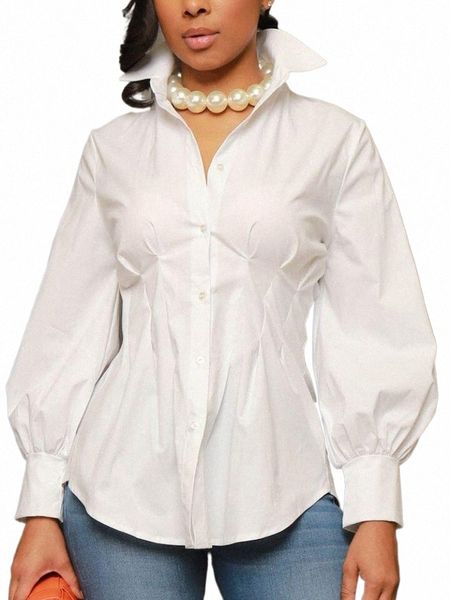 Plus Size Mulheres Blusa Escritório Formal Elegante Turn Down Collar Lg Manga Túnica Slim Camisa Chic Bainha Casual Evening Tops J4uC #