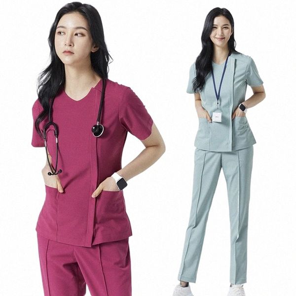 Enfermeira hospitalar esfrega uniformes conjuntos mulheres uniforme de cirurgia clínica dentária feminino cor sólida workwear ternos 43HJ #