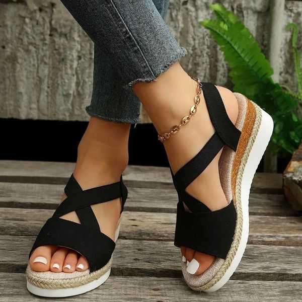 Kleidschuhe Große Größe 43 Keilsandalen Frauen Sommer Kreuzgurt Slip-on Strand für Outdoor-Rückensport