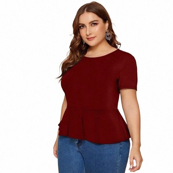 Plus Size Elegante Peplo Top Donna Manica corta Buco della serratura Indietro Ruffle Camicetta Donna Large Size Casual T-shirt rossa Tee 6XL 7XL 8XL 81jL #