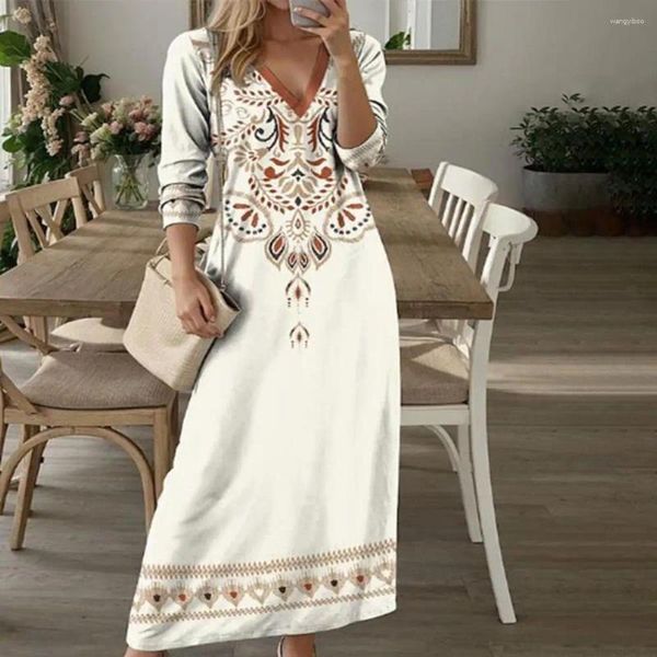 Lässige Kleider Soft Touch Damen Kleid Bohemian Maxi mit Ethno-Print V-Ausschnitt Lange Ärmel Damen Frühling A-Linie Pullover in für Knöchel