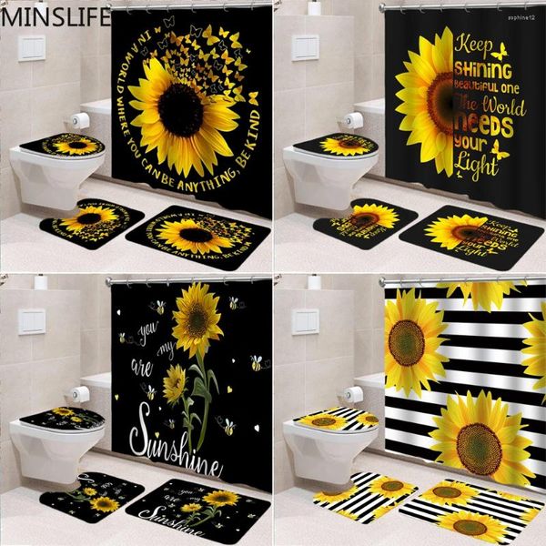 Duschvorhänge, Sonnenblumen-Schmetterling, bedrucktes Muster, 180 x 180 cm, Sockelteppich, Deckel, WC-Abdeckung, Matte, rutschfestes Badset, Badezimmer