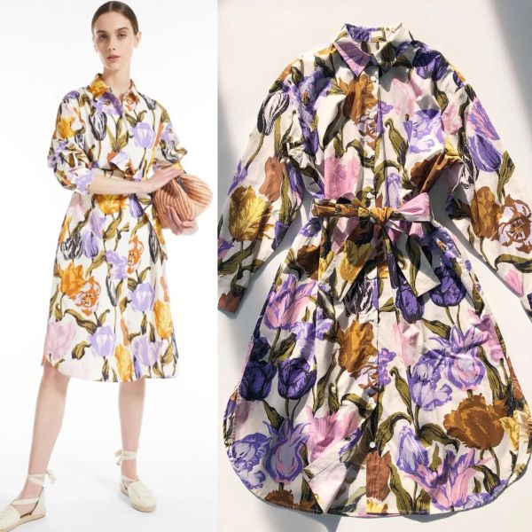 Pintura a óleo tulipa impressão camisa feminina rendas até vestido Syringa oblata camisa de comprimento médio vestido saia de verão