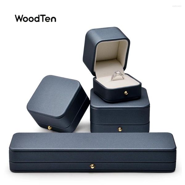 Envoltório de presente WoodTen Azul PU Couro Caixa de Anel Pingente Pulseira Organizador de Jóias Personalizado para Proposta de Casamento Organizadores de Casamento