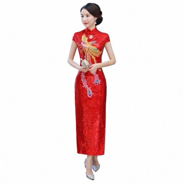 chinesisches neues jahr frauen kleidung braut meerjungfrau schwanz lg dr rot pailletten chegsam qipao hochzeit plus size frau ziehen phoenix o54a #