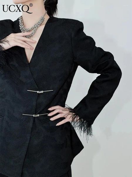 Damenanzüge UCXQ Elegante Mode All Match V-Ausschnitt Langarm Anzugjacke Chinesischen Stil Gedruckt Schwarz Top Mantel Frauen 2024 Frühling Herbst