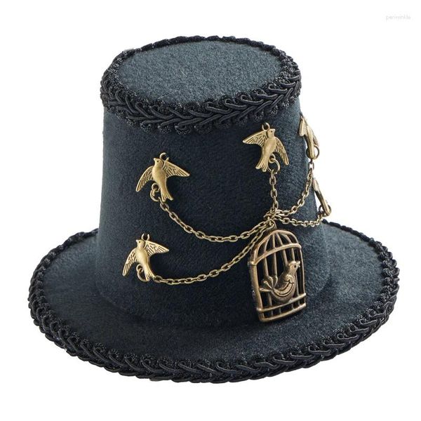 Articoli per feste fatti a mano da uomo e da donna retrò nero mini cappello a cilindro Steampunk gotico uccelli catene Fascinator costumi di Halloween copricapo