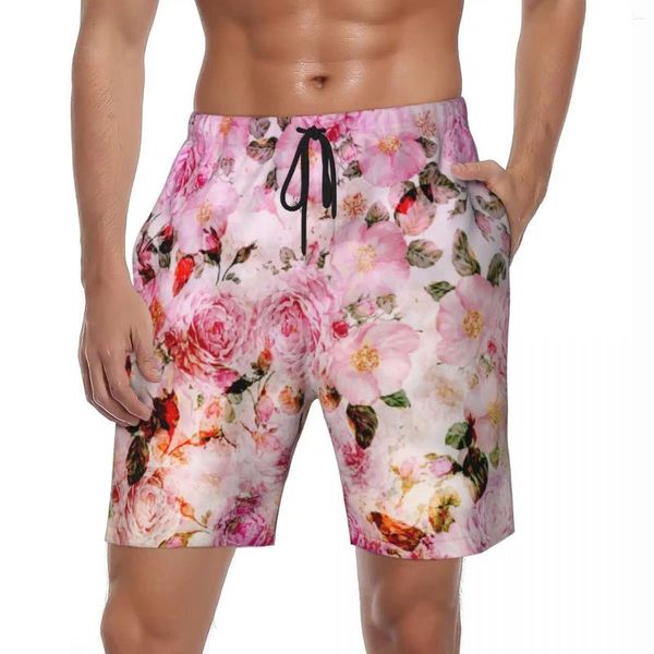 Shorts masculinos placa aquarela rosas y2k retro troncos de natação rosa floral secagem rápida surf na moda plus size calças curtas