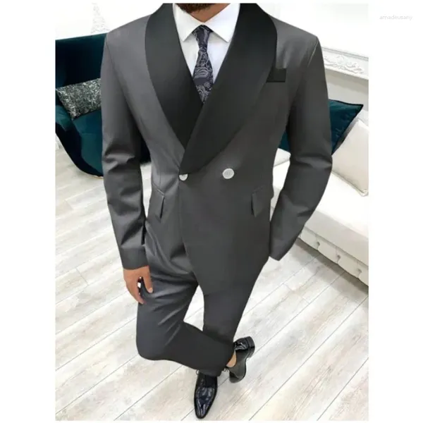 Ternos masculinos cinza escuro homens fino ajuste 2 peças preto xale lapela padrinhos de casamento smoking para masculino formal baile personalizado terno jaqueta calças