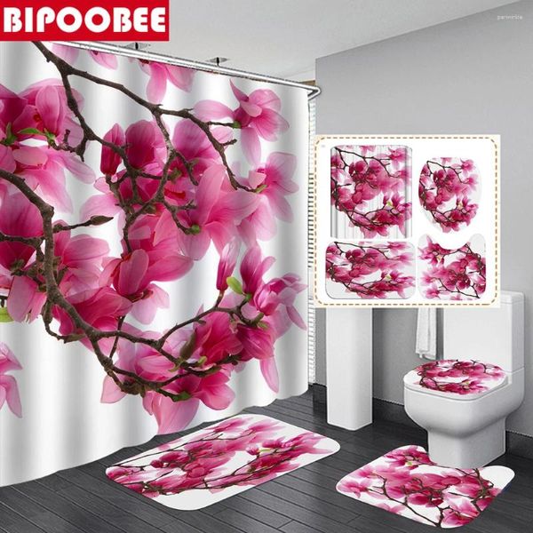 Duschvorhänge, hochwertiger Pflaumenblüten-Druck, Badezimmer-Vorhang-Set, Sockel, rutschfester Teppich, WC-Abdeckung, Bodenmatte, Badteppiche