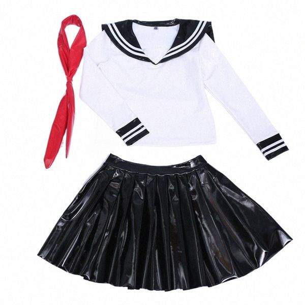 donna sexy scuola uniforme uniformi marinaio PVC Lg manica uniforme scolastica giapponese 3 pezzi / set Anime School Girl uniforme G3qA #