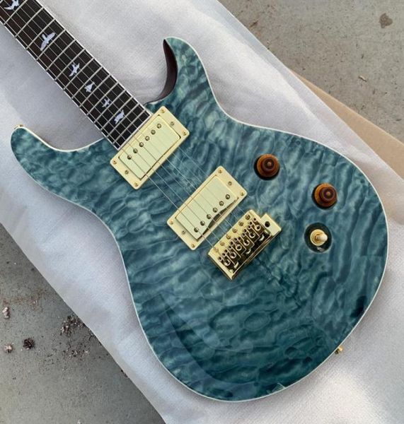 Estoque privado acolchoado bordo topo baleia azul guitarra elétrica branco pérola pássaros inlay tremolo ponte águia headstock ouro hardware3926621