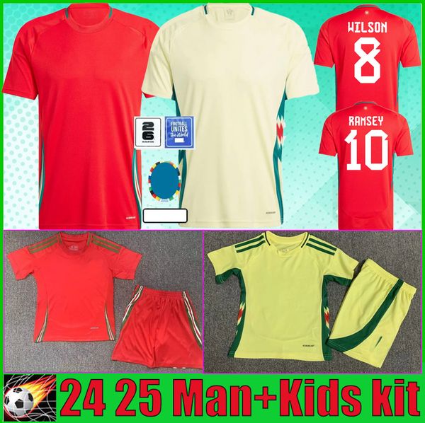 Galles 24 25 Maglie da calcio WILSON BALE ALLEN RAMSEY 2024 Coppa dei Campioni Maglia da calcio per squadra nazionale BROOKS JOHNSON Home Red Away Yellow Man kit per bambini Uniformi