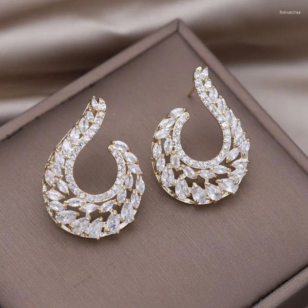 Brincos coreanos design moda joias 14k banhado a ouro letras de luxo u zircão completo elegante acessórios para festa de casamento feminino