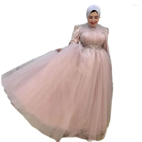 Abiti da festa Arabo saudita Perla rosa da sera 2024 Dubai Abaya Collo alto Abito da ballo musulmano Puffy A Line Tulle Occasioni formali Compleanno