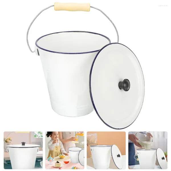 Garrafas de armazenamento balde de esmalte com tampa organização de lavanderia flor metal pode lixo pequeno doméstico limpeza água resíduos cesta potes para