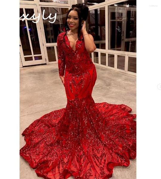 Partykleider Mode Rotes Meerjungfrau-Abendkleid Aso Ebi Plus Size Schwarzes Mädchen Pailletten-Abschlussball 2024 Glitzernder Geburtstag Formelle Verlobung