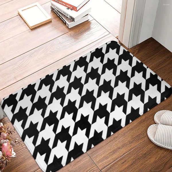 Tapetes de banho Preto Houndstooth Foot Mat para Chuveiro Entrada de Casa Rápida Secagem Vintage Banheiro Impermeável Anti-Slip WC