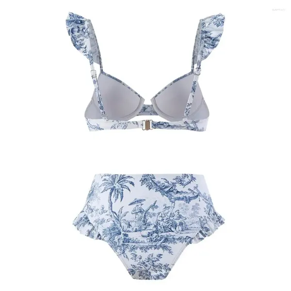 Costumi da bagno da donna Costumi da bagno multicolori Stile Boemia Manica con volant Reggiseno a fascia Vita alta Set da bagno Stampa floreale Bikini Donna Estate 2 pezzi