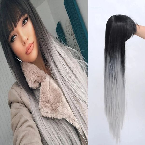 Perücken WHIMSICAL W 26-Zoll-Synthetikperücke für Frauen, lange, gerade, schwarzgraue Ombre-Perücke mit Pony, graue Farbe, hitzebeständiges Haar