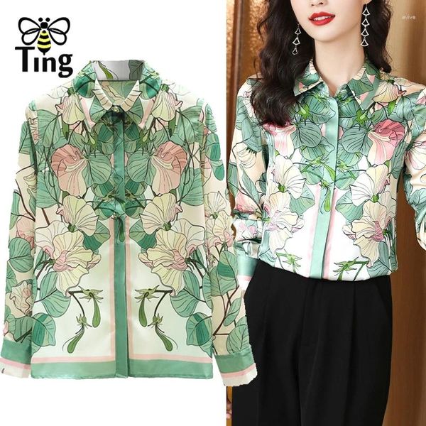Blusas femininas tingfly design de alta qualidade moda flor impressão botão até mulheres manga longa casual tamanho grande camisas femininas topos