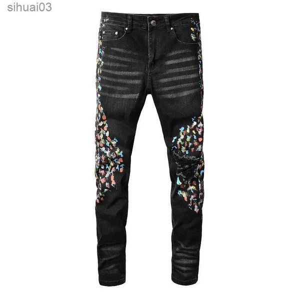 Jeans masculinos Mens pintados de jeans elásticos Rua Rua Fita Tight Fita Ponta de lápis Buracos pretos Troushersl2403