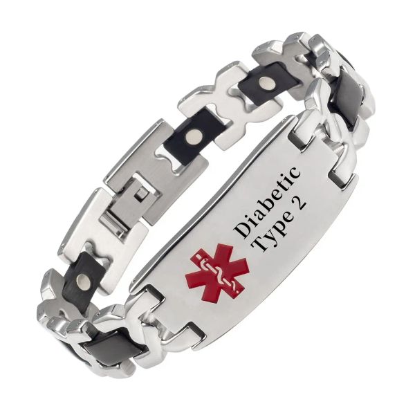 Pulseiras pulseiras de aço inoxidável aço inoxidável pulseira de alerta médico para mulheres jóias de alerta médica 8 polegadas (20 cm) diabético a laser tipo 2 largura: 0,52 ''