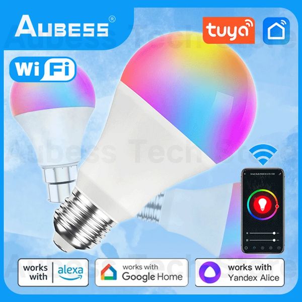 Lâmpada inteligente Wi -Fi B22 E27 Lâmpada Dimmable RGB+CW+WW 15W Tuya Smart Life App Controle de voz Compatível Alice Alexa Google Home