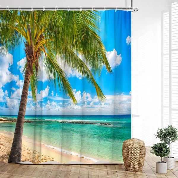 Tende da doccia Tenda oceano Spiaggia al mare Foglia di palma Sole Stella marina Paesaggio naturale Decorazione moderna stampata per il bagno di casa con ganci