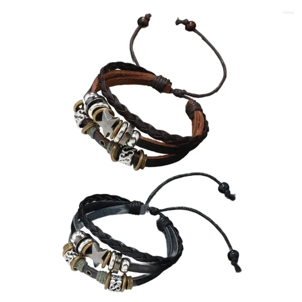 Charme pulseiras multi camada pulseira de couro ajustável estrela frisada pulseira para mulheres homens